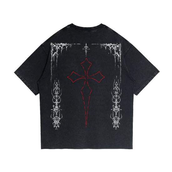 Fallen Angel Garment Dyed Streetwear Tee 260GSM Black Cotton With Faded Raw Hem-1