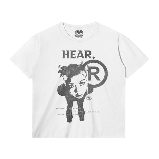 HEAR Streetwear Tee White Cotton T Shirt Classic Fit 180 GSM DTG Print